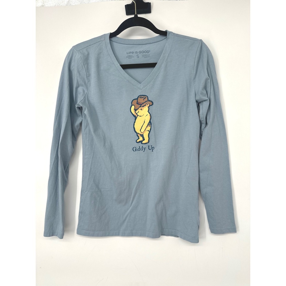 Life Is Good Shirt Women S Blue Giddy Up Bear Cowboy Western Long Sleeve Tee